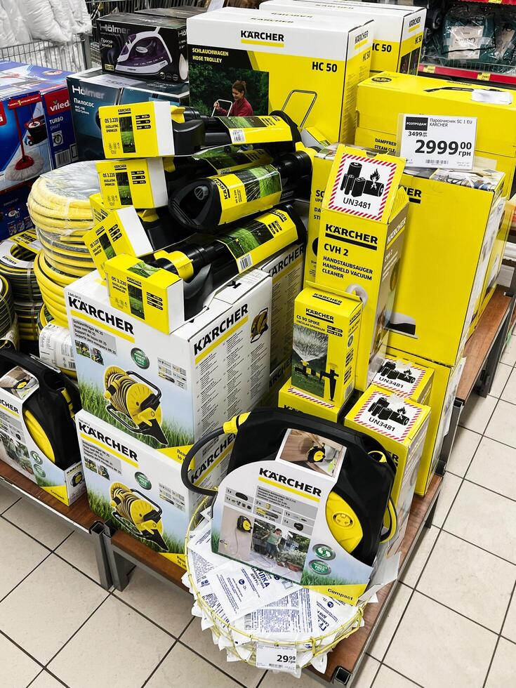Kyiv, Ukraine - February 04, 2025 Variety of karcher products displayed on shelves in a store environment photo