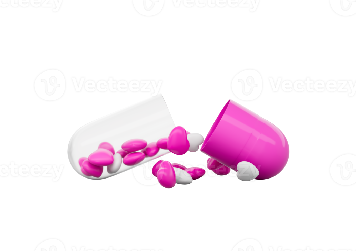 Open pink and white capsule with heart-shaped pills spilling out. 3D Illustration. png