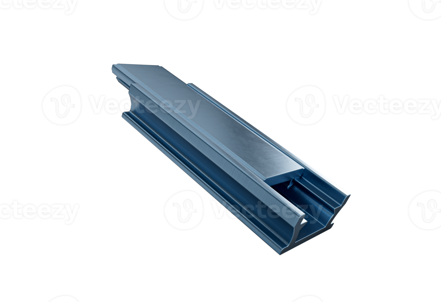 Grey aluminum structural component with multiple flanges and channels. 3D Illustration. png