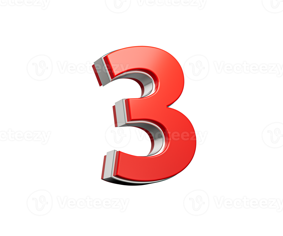 Vibrant Red Number Three Number 3 With Sleek Metallic Gleam 3D Illustration png