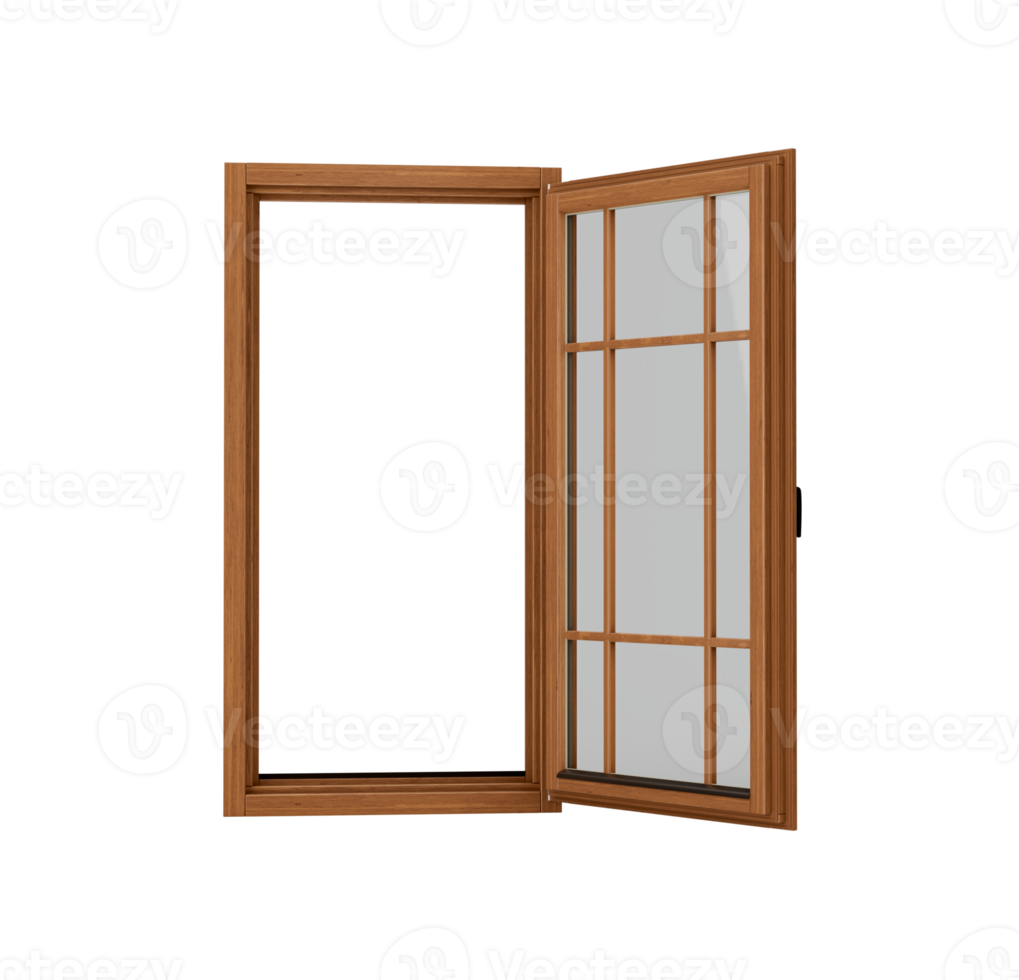 Open Wooden-Framed Window With Multiple Glass Panes And Black Handle For Interior Designs 3D Illustration png