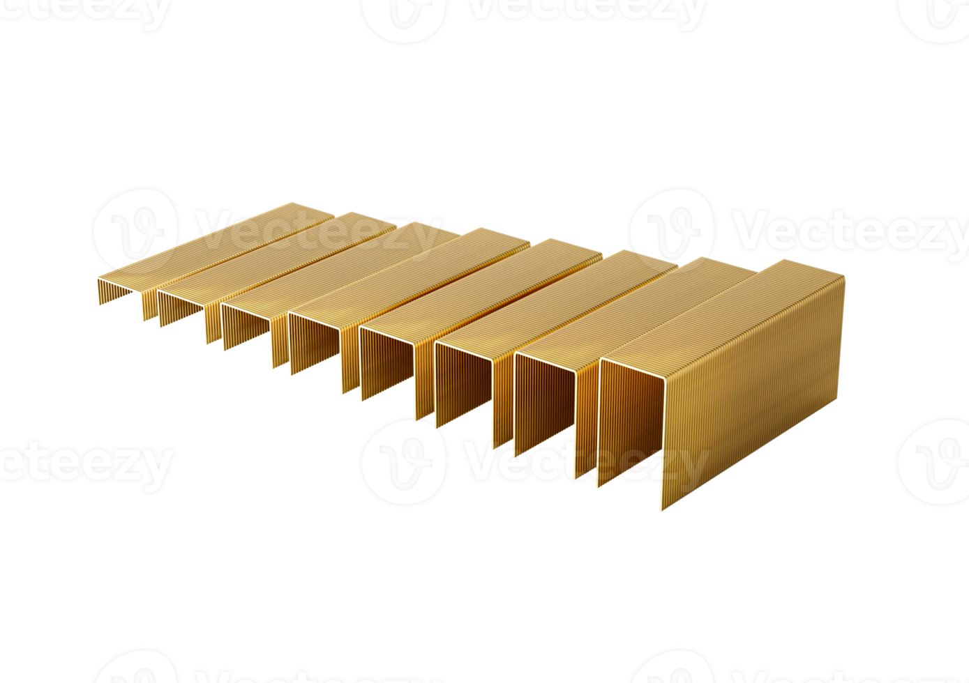 A Series Of Golden Metal Staple Pins Arranged In Parallel Rows, 3D Illustration. png