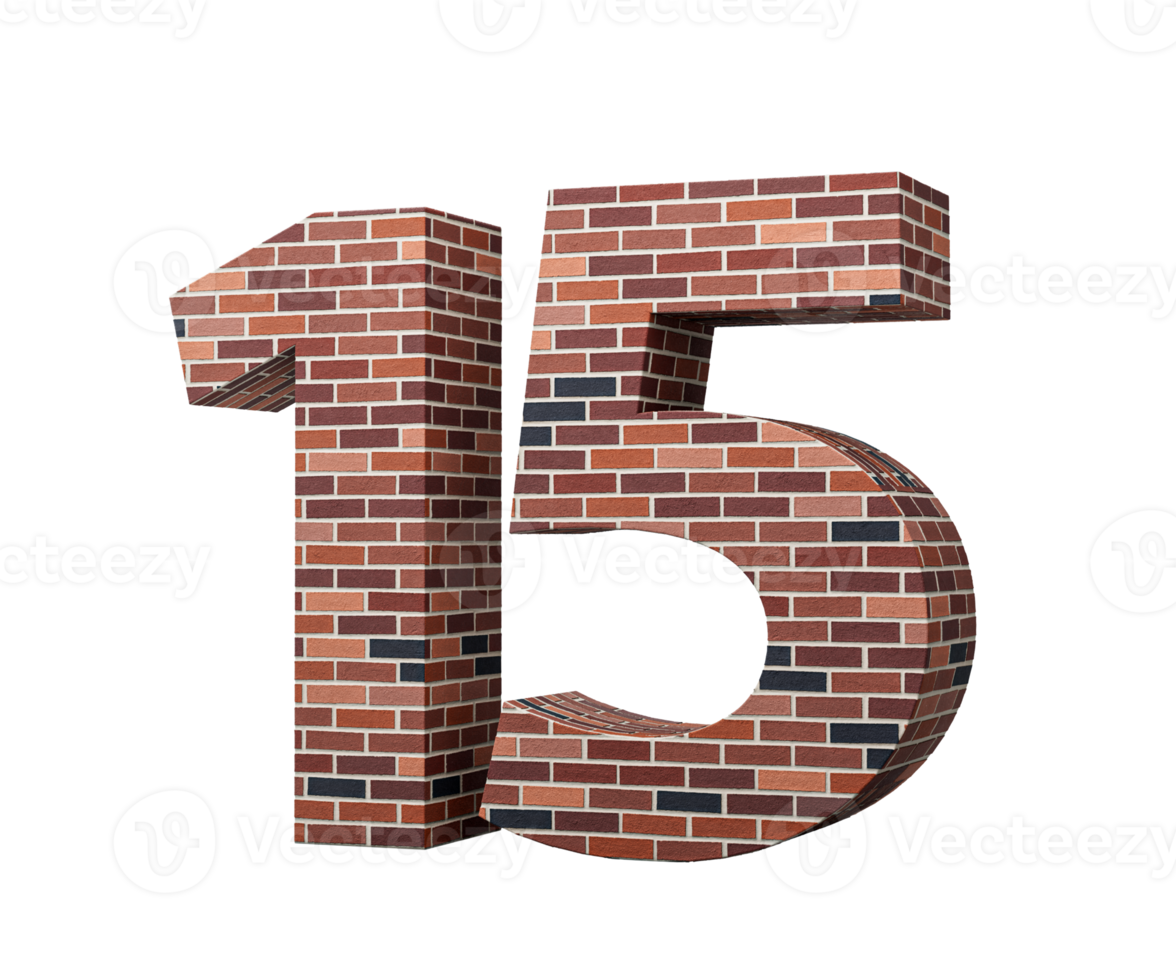 Bricks Wall Number Fifteen 15 Digit Made Of Colored Wall Of Bricks Background 3D Illustration png