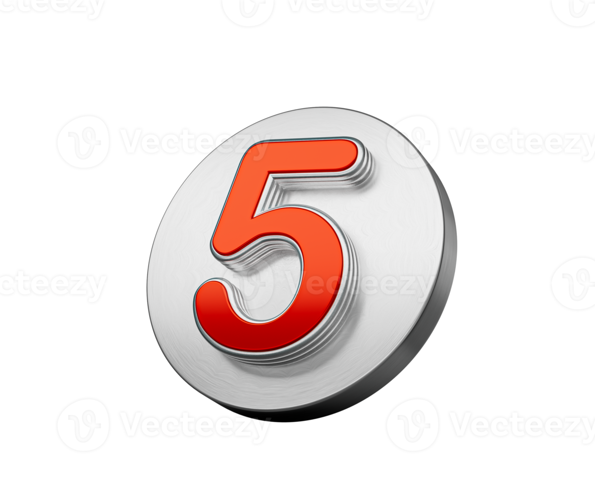 Vibrant Red Number Five 5 On A Metallic Silver Disc Icon 3D Illustration png