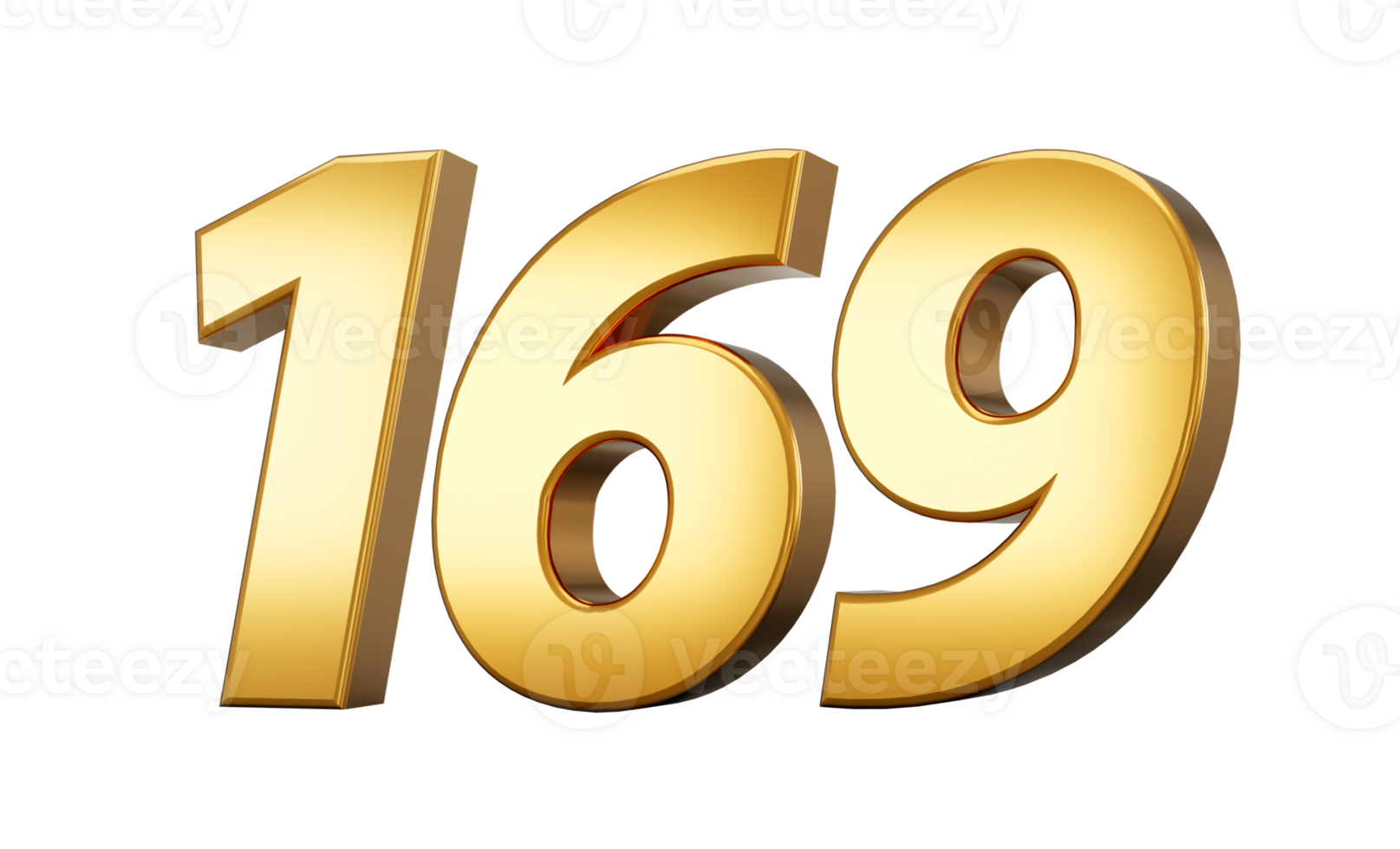 3d number 169 one hundred sixty nine Gold text with reflection 3d illustration png