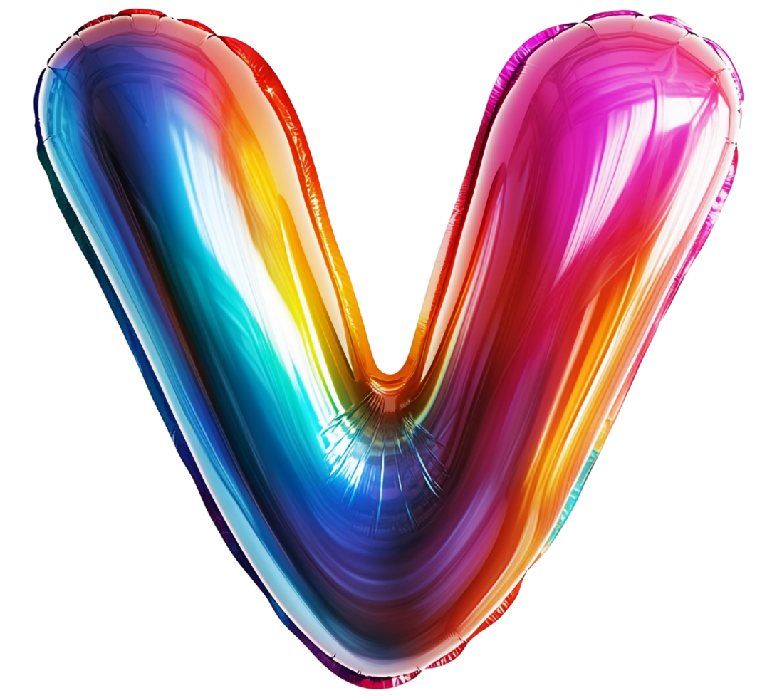 Vibrant Colorful Glossy Rainbow Wave Balloon Letter V Abstract Shape Against Transparent Background png