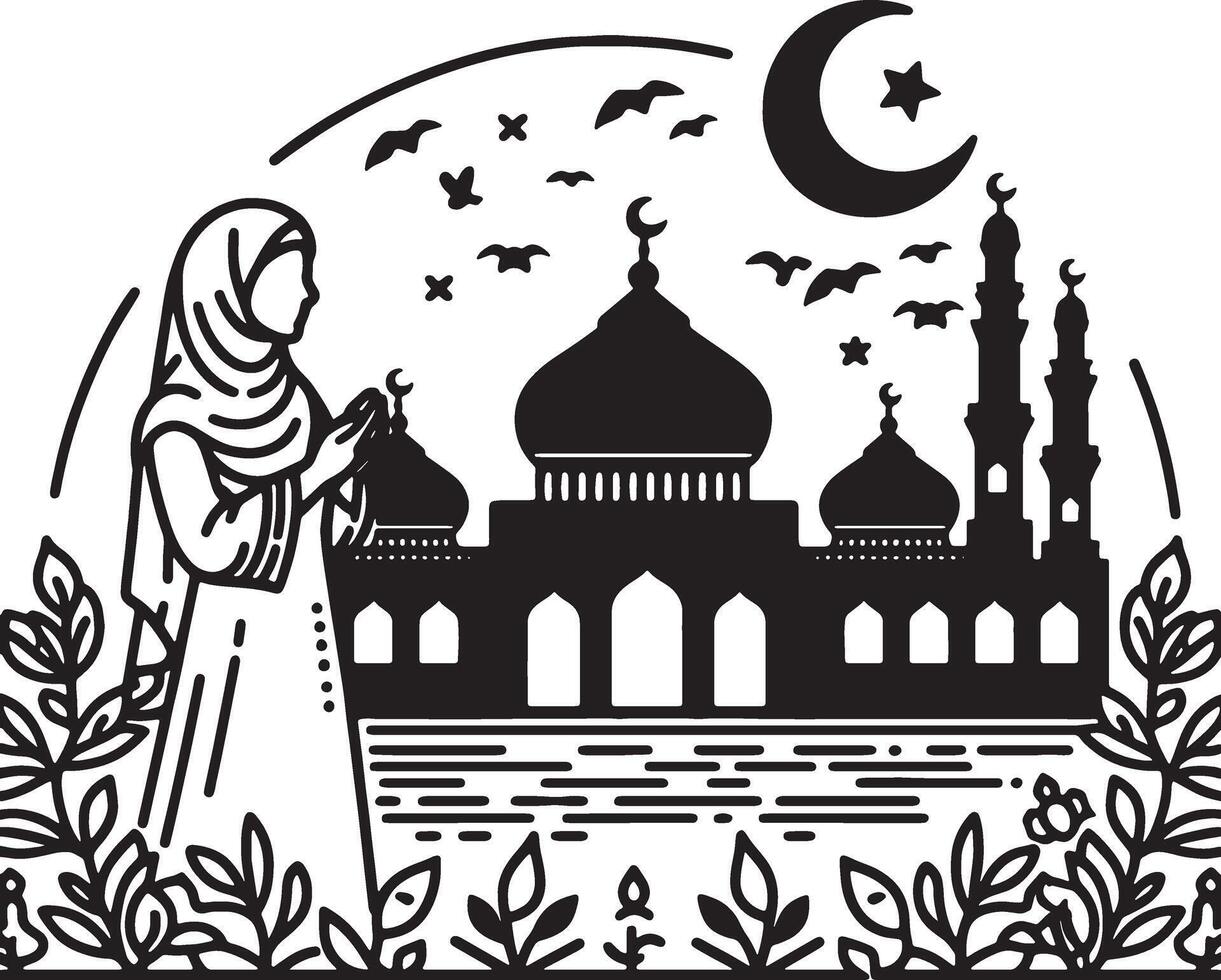 Hijab Woman in Prayer Pose Silhouette vector