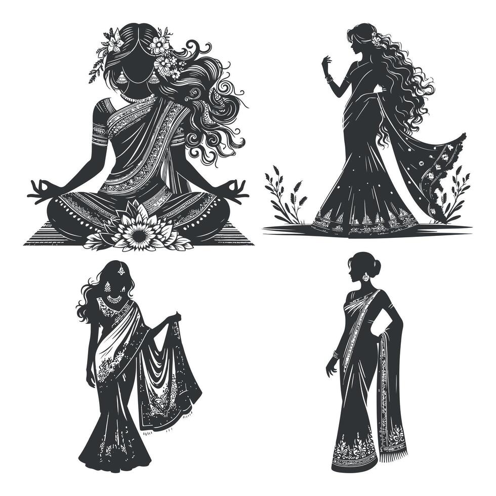 Beautiful Silhouette of a Woman in a Flowing Saree vector