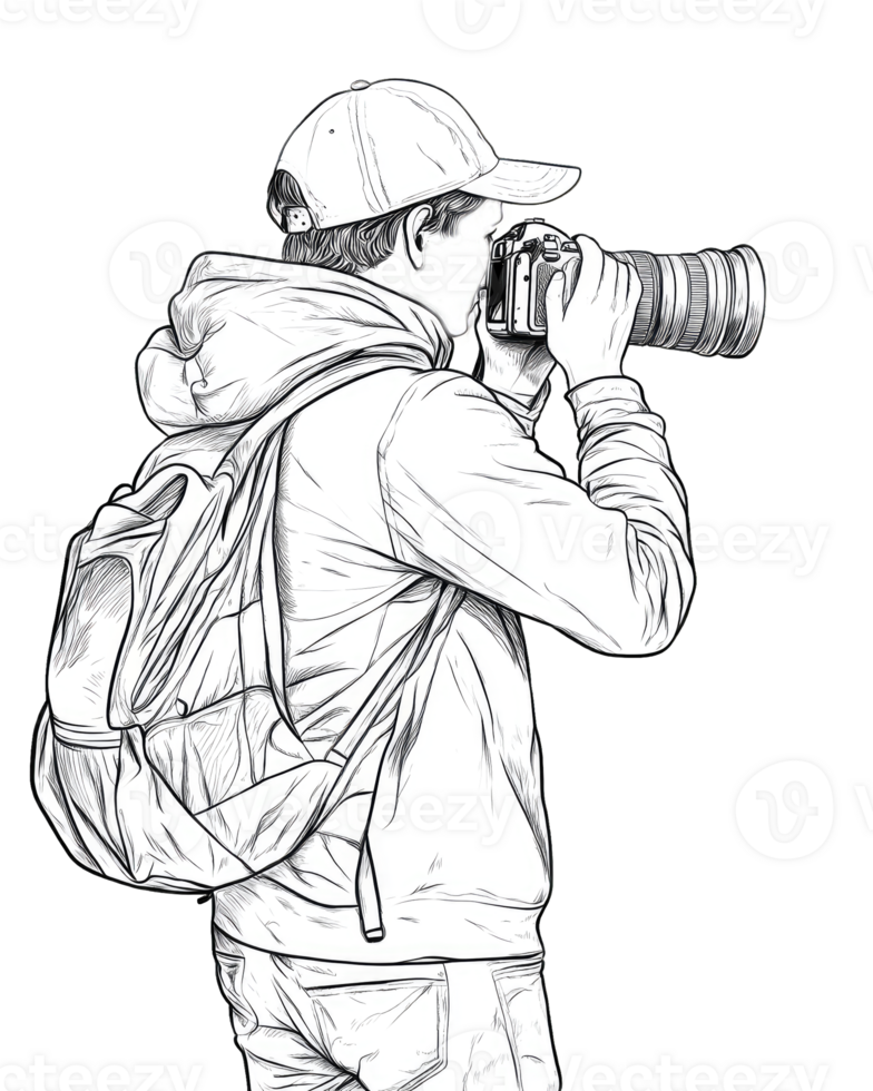A black and white sketch of a photographer using a DSLR camera with a telephoto lens and backpack. Perfect for photography blogs and websites png