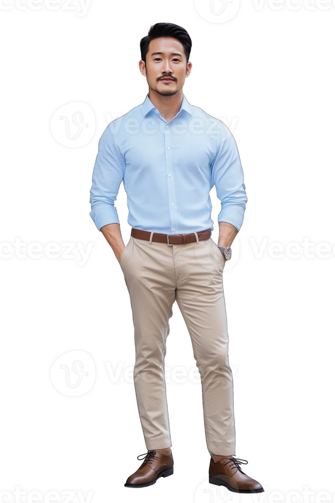 A well-dressed man stands confidently in a light blue shirt and beige chinos, perfect for showcasing menswear fashion or business attire. Use this image for your website or social media. png