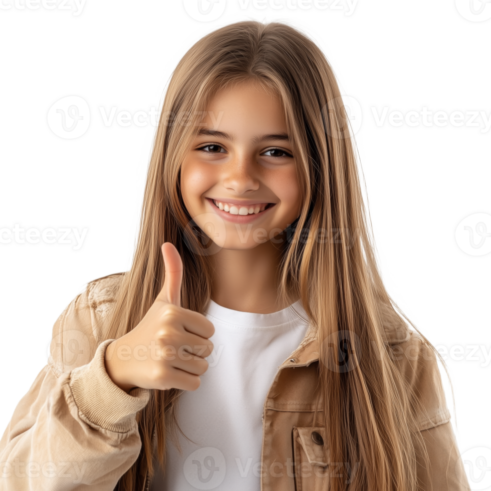 Cheerful Girl with Thumbs Up Gesture and Bright Smile png