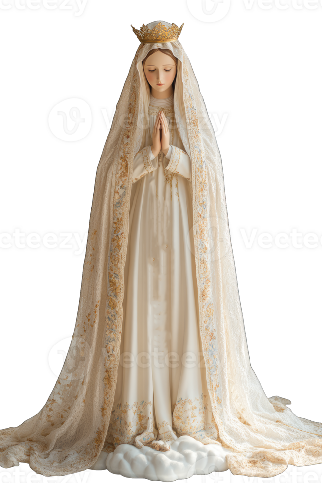 Beautiful Virgin Mary statue in flowing white gown with gold embroidery perfect for home altars or religious displays png