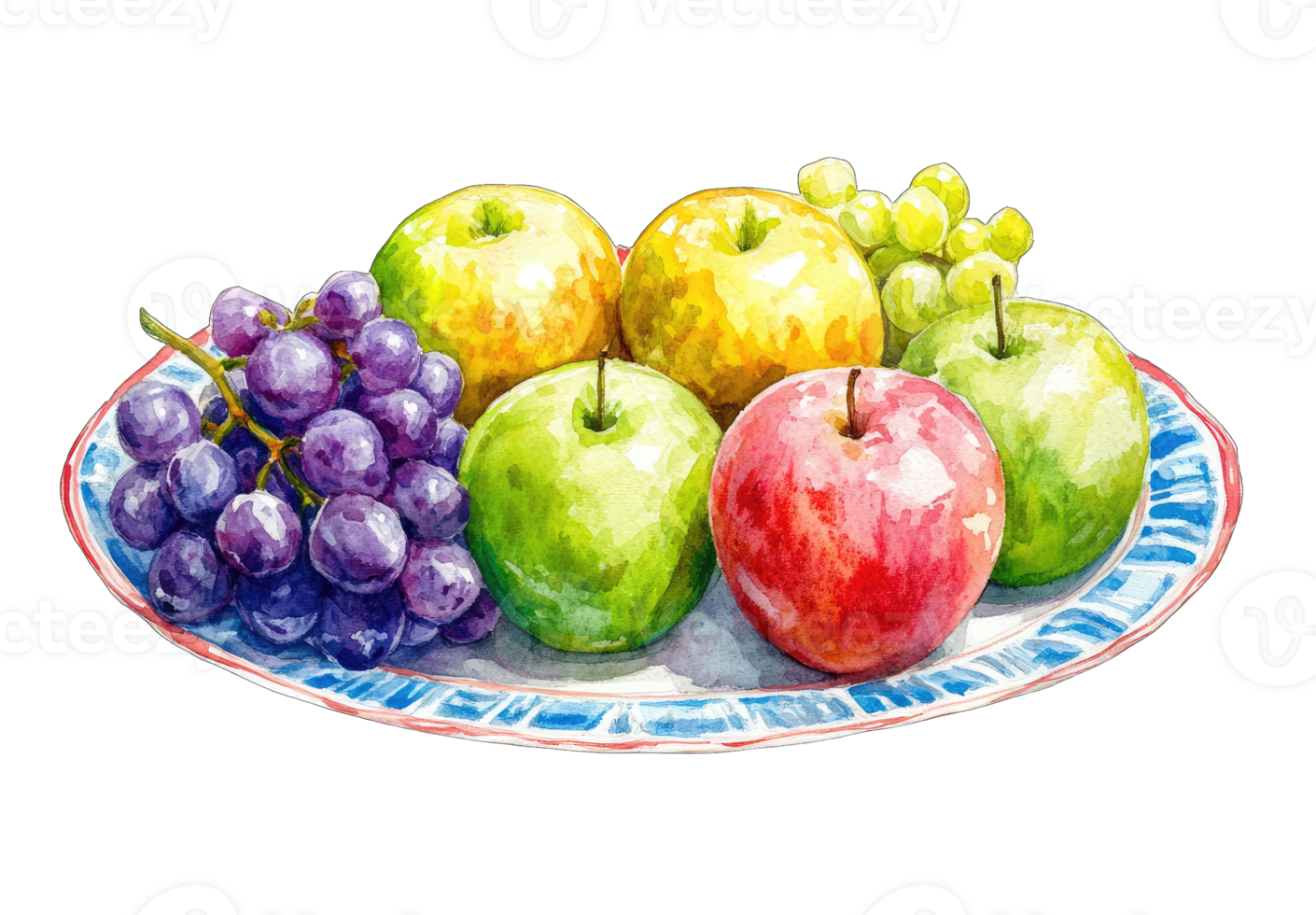 A colorful watercolor painting shows a bowl of red green yellow apples and purple grapes Perfect for adding a touch of freshness to your home decor png