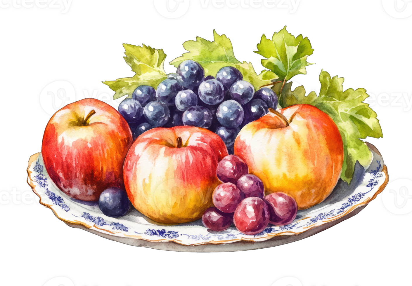 A vibrant watercolor painting shows red apples and dark and red grapes arranged on a decorative plate Perfect for kitchen decor or fruit themed projects png