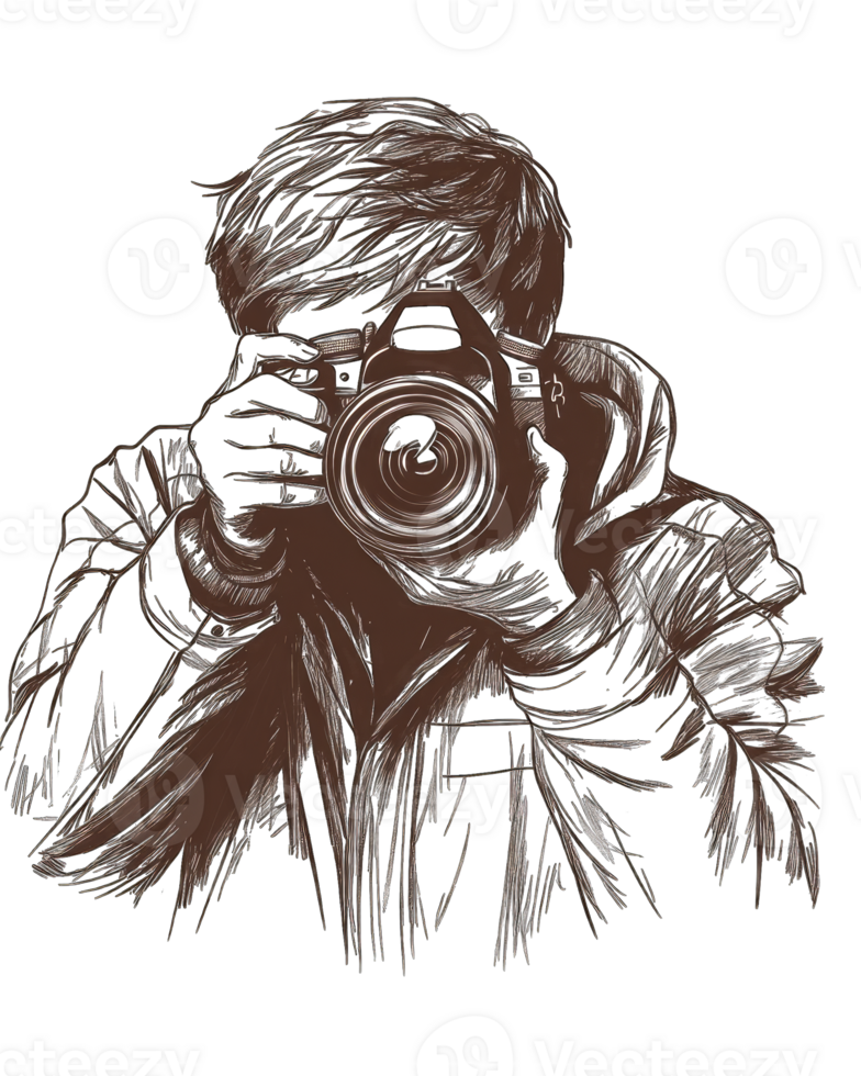 A stylized sketch of a photographer capturing a moment with their camera The dark brown tones and artistic style create a moody atmosphere Perfect for photography blogs or social media png