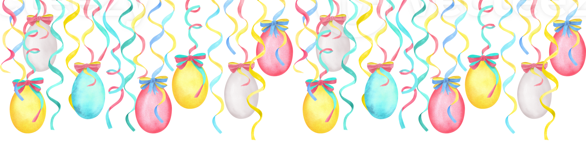 Easter seamless border with yellow, blue, white and pink eggs hanging on streamer ribbons with bows. Easter holiday clipart. Hand-drawn watercolor illustration png