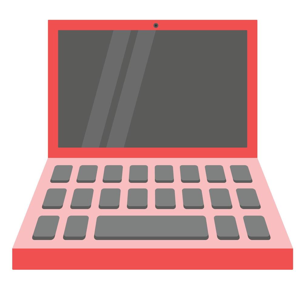 Pink laptop featuring black screen and grey keys. Suitable for technology, business, education, and femininethemed designs or concepts. vector