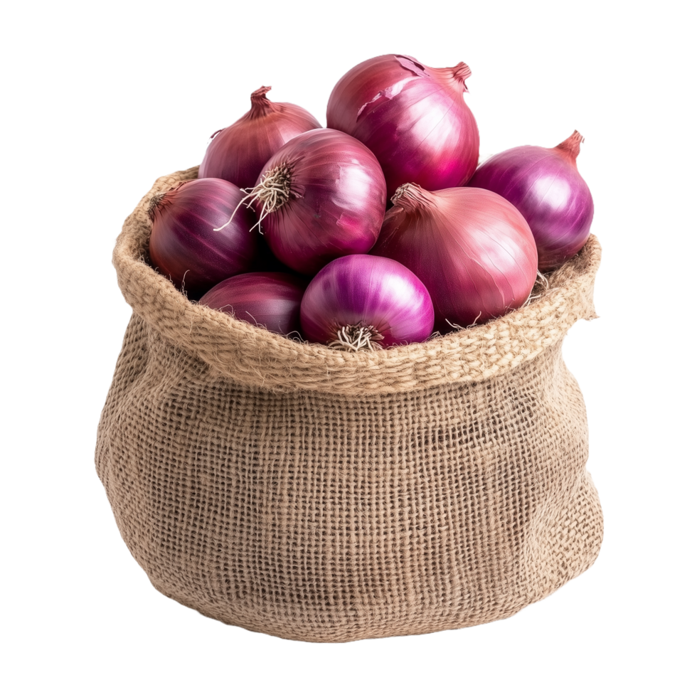 Healthy Red Onions in a Rustic Jute Bag A Perfect Cutout for Transparent Background Use in Digital Designs png
