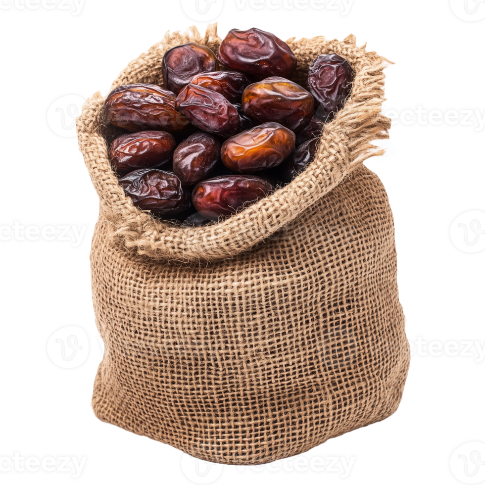 Healthy Sweet Dates in a Rustic Burlap Bag A Transparent Background Cutout for Creative Visuals png