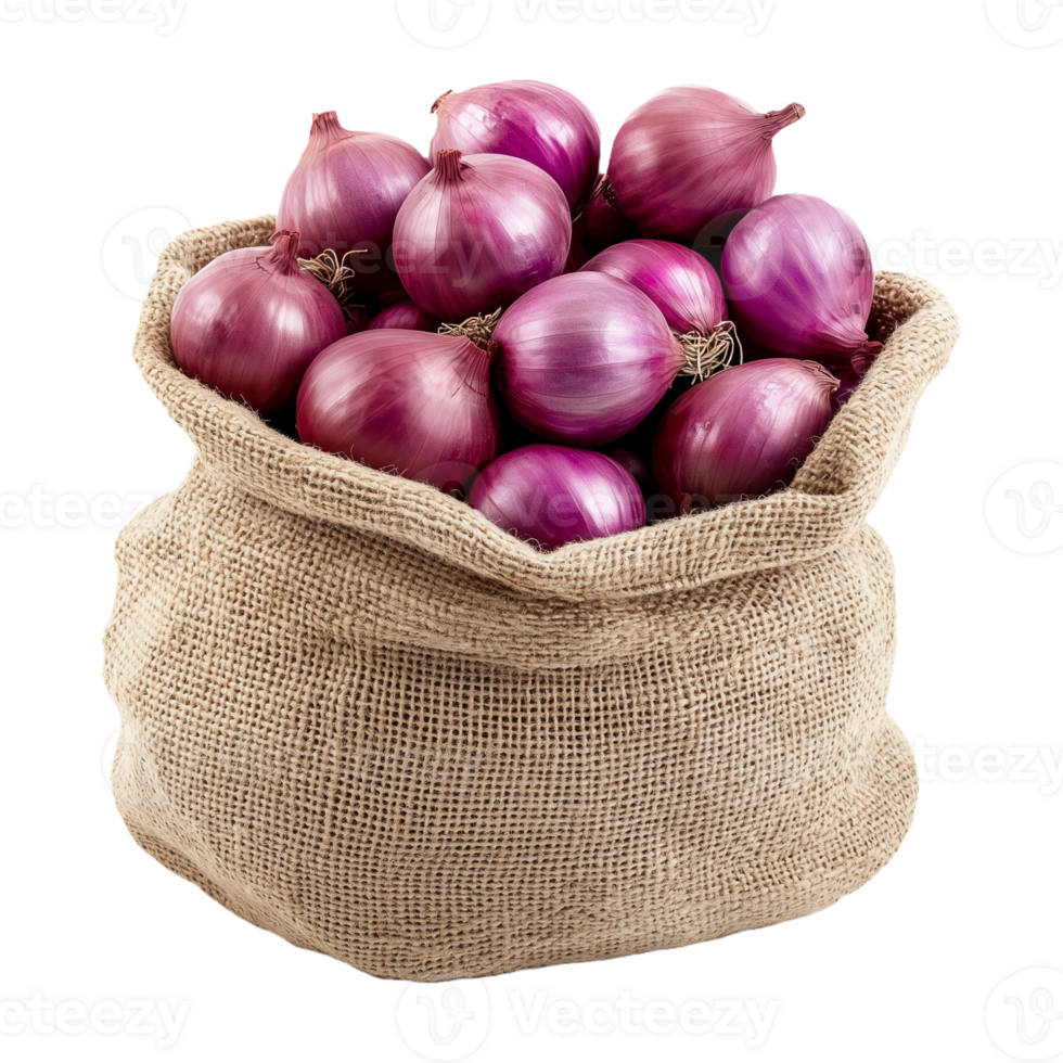Red Onions in Burlap Sack Freshly Harvested Vegetables Isolated on Transparent Background for Versatile Projects png