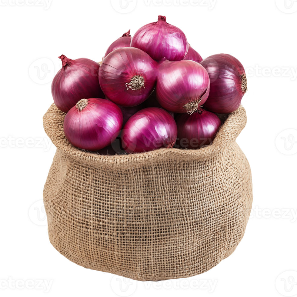 Rustic Red Onion Harvest Fresh Vegetables in Burlap Bag Cutout for Transparent Background Use png