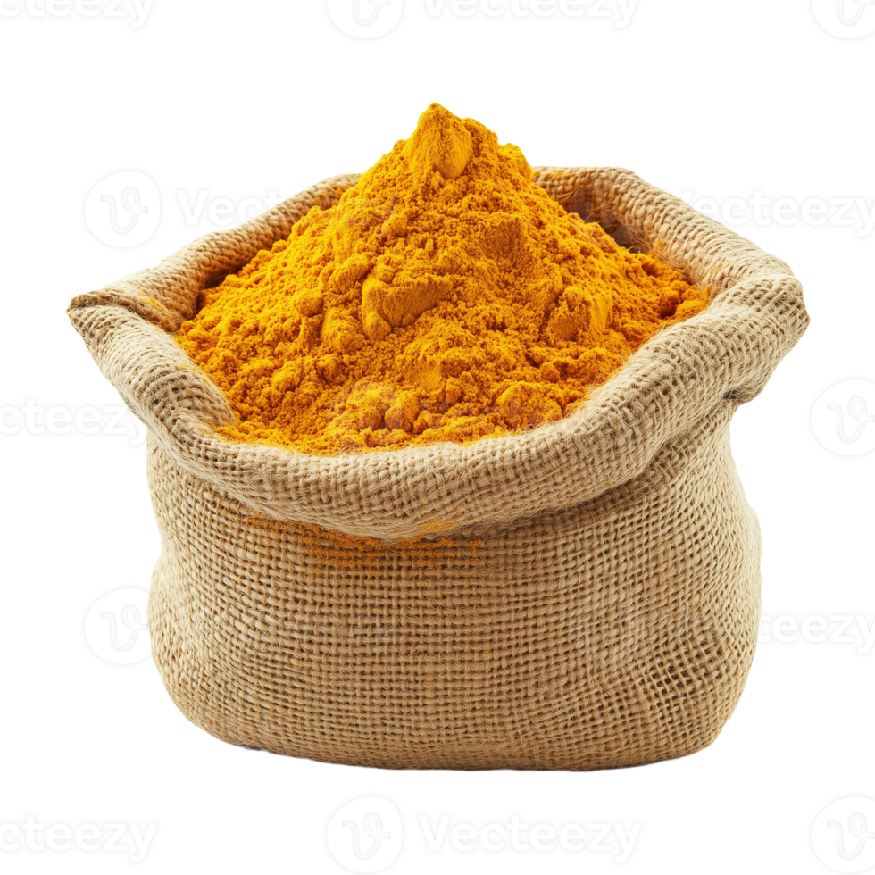 Rustic Burlap Sack with Fresh Turmeric Powder A Healthy Spice Cutout for Transparent Background Visuals png