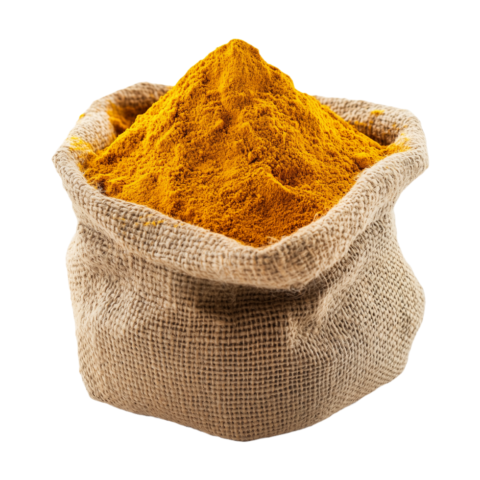 Golden Turmeric Powder in Rustic Burlap Sack Fresh Spice Isolated for Natural-Themed Product Displays png