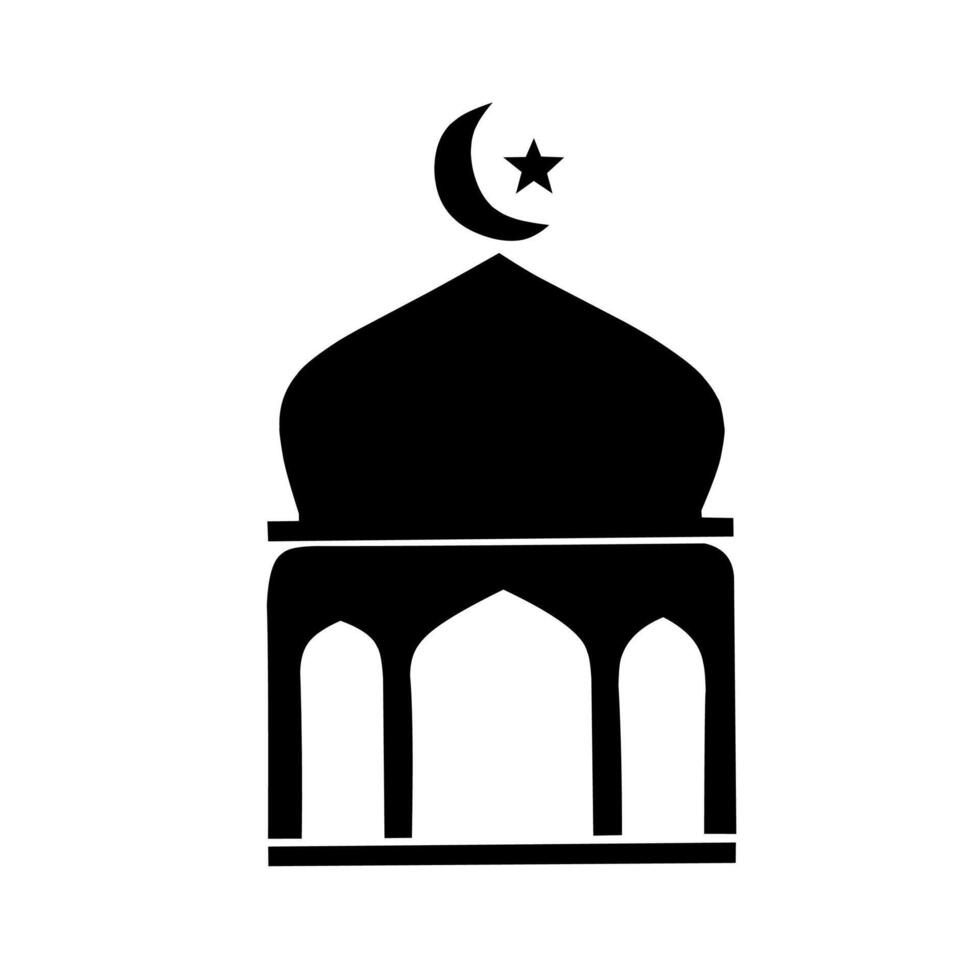 Bold black mosque icon with crescent and star, representing Islamic culture and spirituality. Suitable for logos, branding, and religious-themed graphics vector
