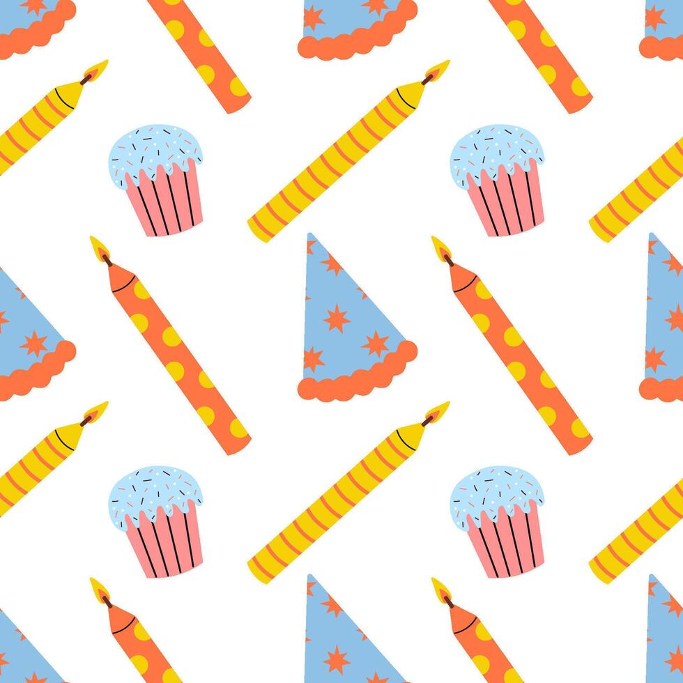 Colorful party decorations with hats, candles, and cupcakes for a festive celebration vector