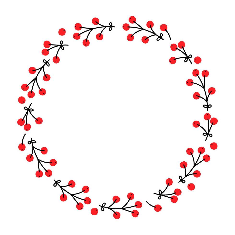 Circular wreath design featuring red berries and simple black branches for decoration vector
