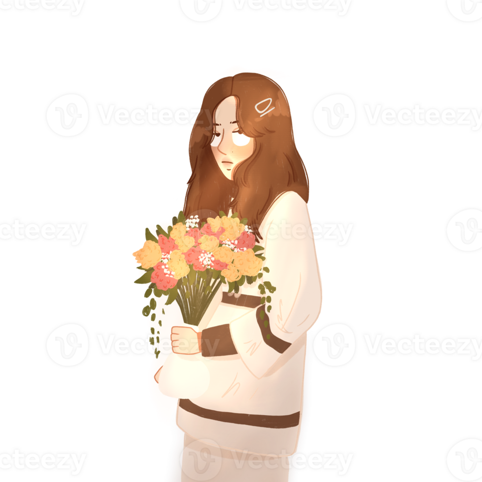 Illustration of a woman carrying flowers png