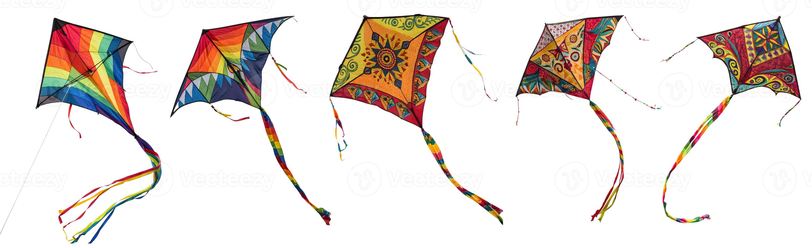 A set with beautiful brightly colored kites on a white photo