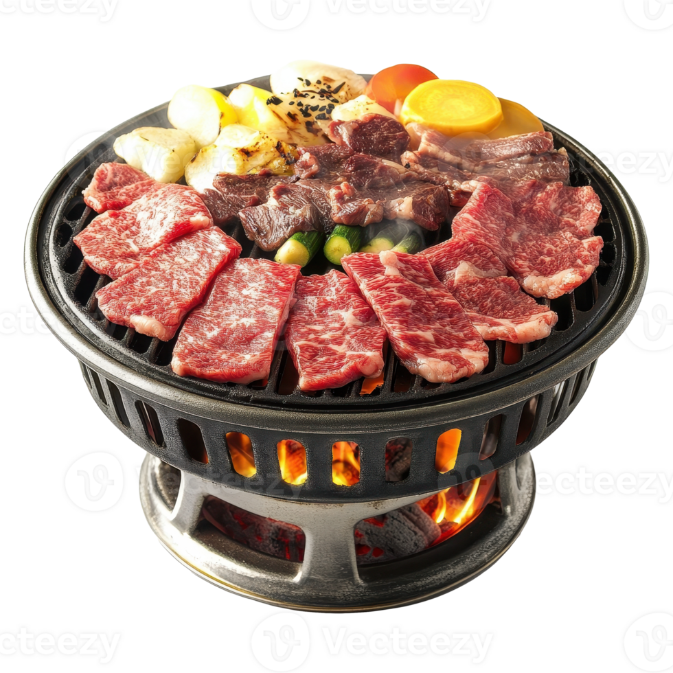 Japanese Style Grilled Meat Feast with Vibrant Garnishes on Serving Platter png