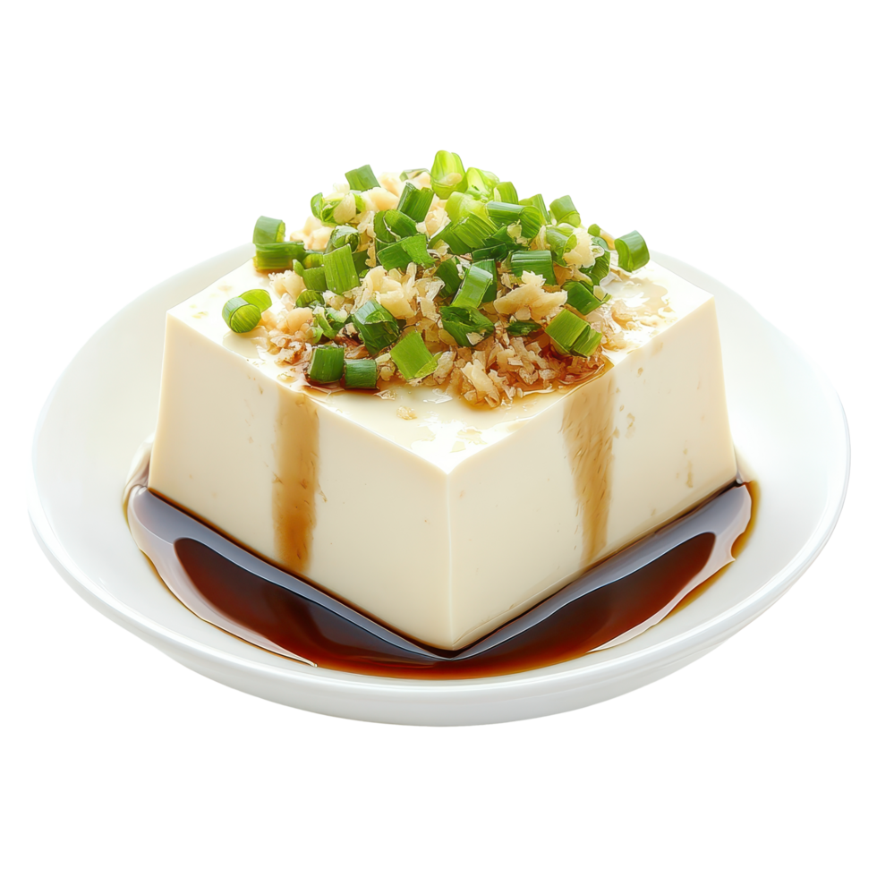 Artful Presentation of Chilled Tofu Dish with Savory Garnishes on a Minimalist Plate png