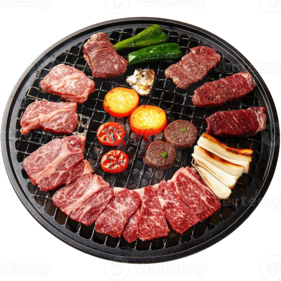 Yakiniku Sizzling Platter Showcasing a Delectable Assortment of Grilled Meats Vegetables and Seasonings png
