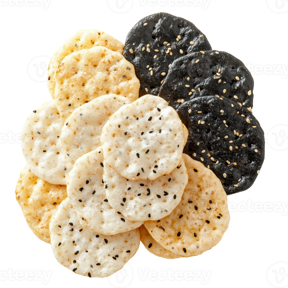 Senbei Rice Crackers with Crisp Texture and Savory Sesame Flavors in Studio Shot png