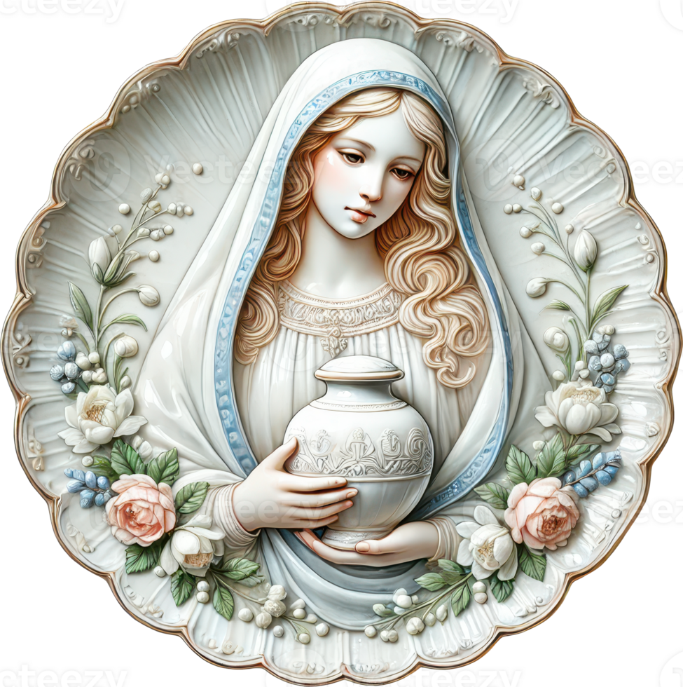 Elegant Ceramic Virgin Mary Statue with Flowers for Easter and Spring png