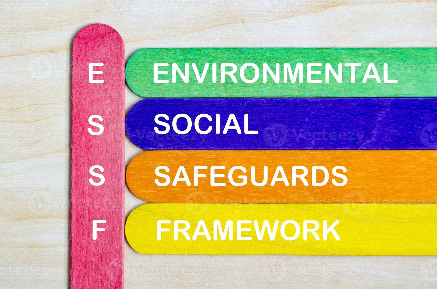 ESSF for Environmental, Social, Safeguards and framework text on wooden stick photo