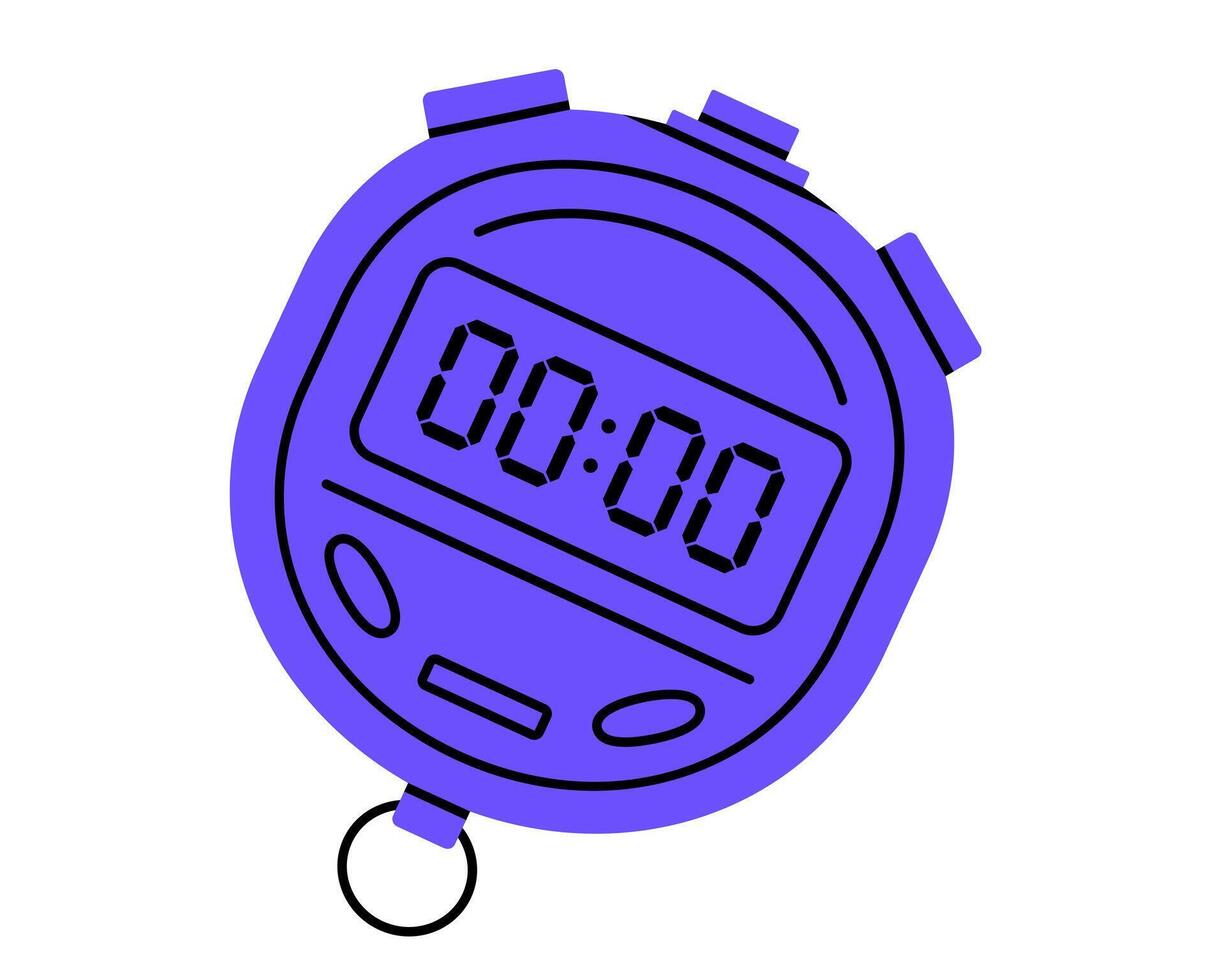 Hand drawn cute illustration of digital timer clock. Flat electronic time measurement device doodle style. Stopwatch sticker, icon. Deadline or race. Sport competition. Isolated. vector