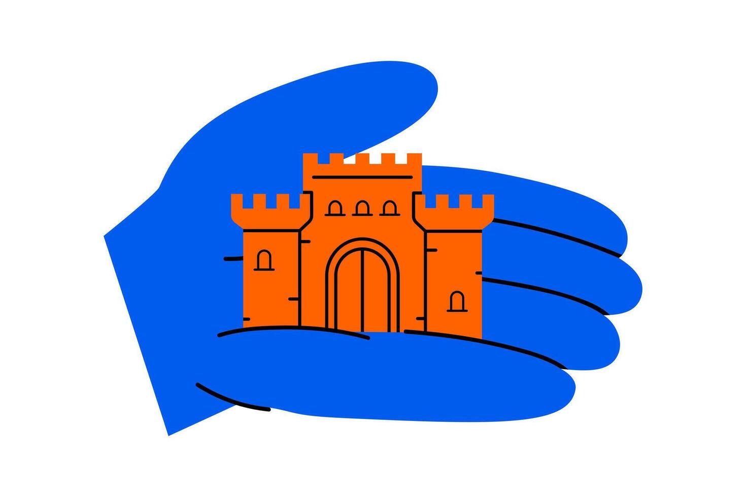 Hand drawn cute cartoon illustration of medieval castle on hand palm. Flat protection building in arm sticker doodle. Safety fortress tower icon. Sand castle. Security system. Isolated. vector