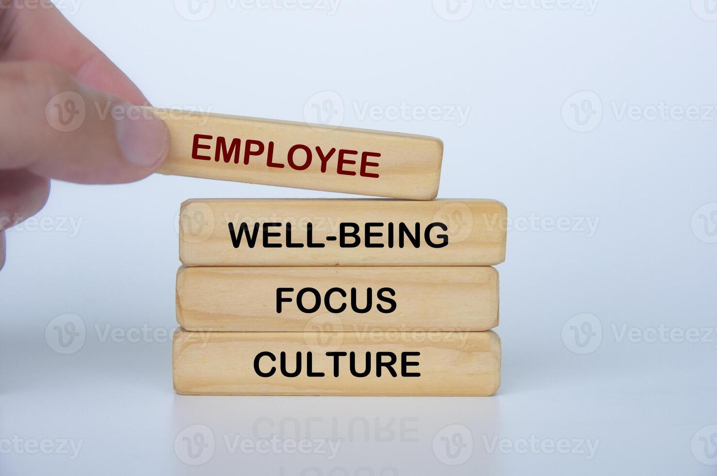 Hand holding wooden block with Employee Well Being Approach text. People first concept photo