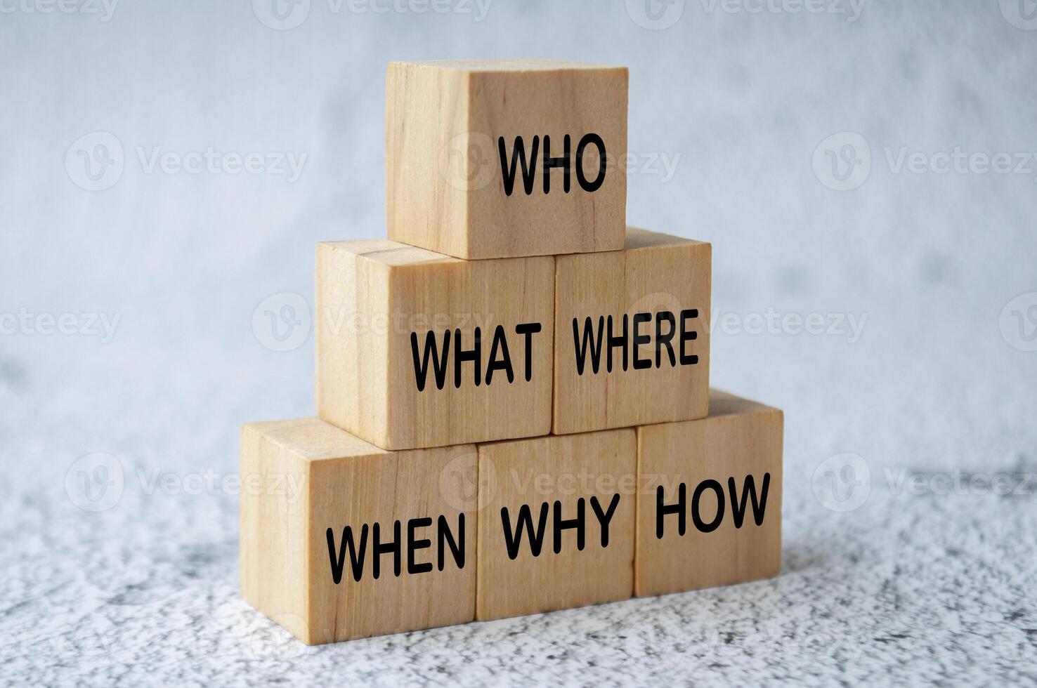 Side view of Who, What, Where, When, Why and How text on stacking wooden cubes. Fact finding concept photo