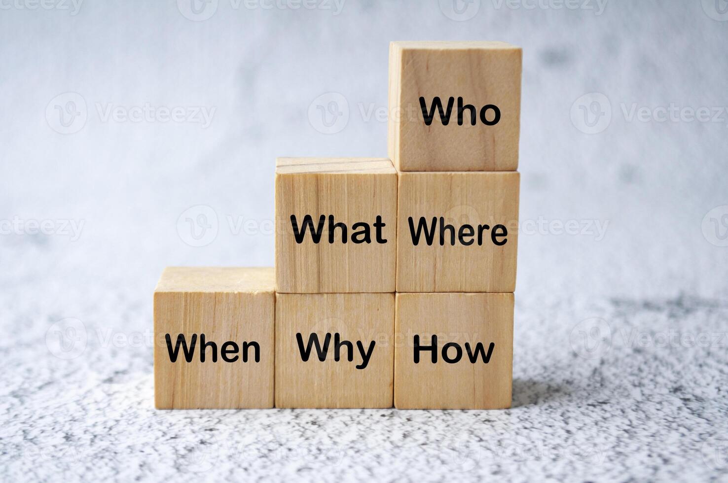 Who, What, Where, When, Why and How text on stacking wooden cubes. Fact finding concept photo