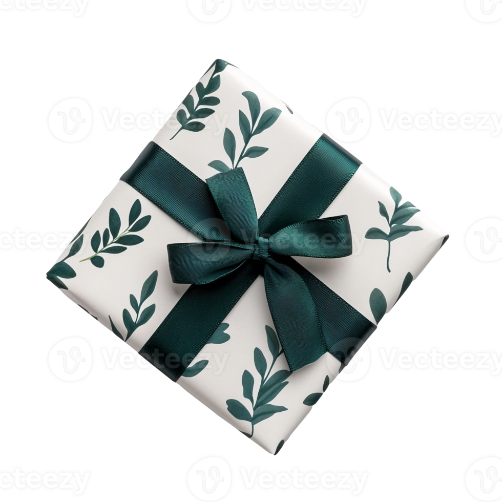 White gift box with green ribbon and bow on it. Leaves are drawn on the box. No background. Isolated. png