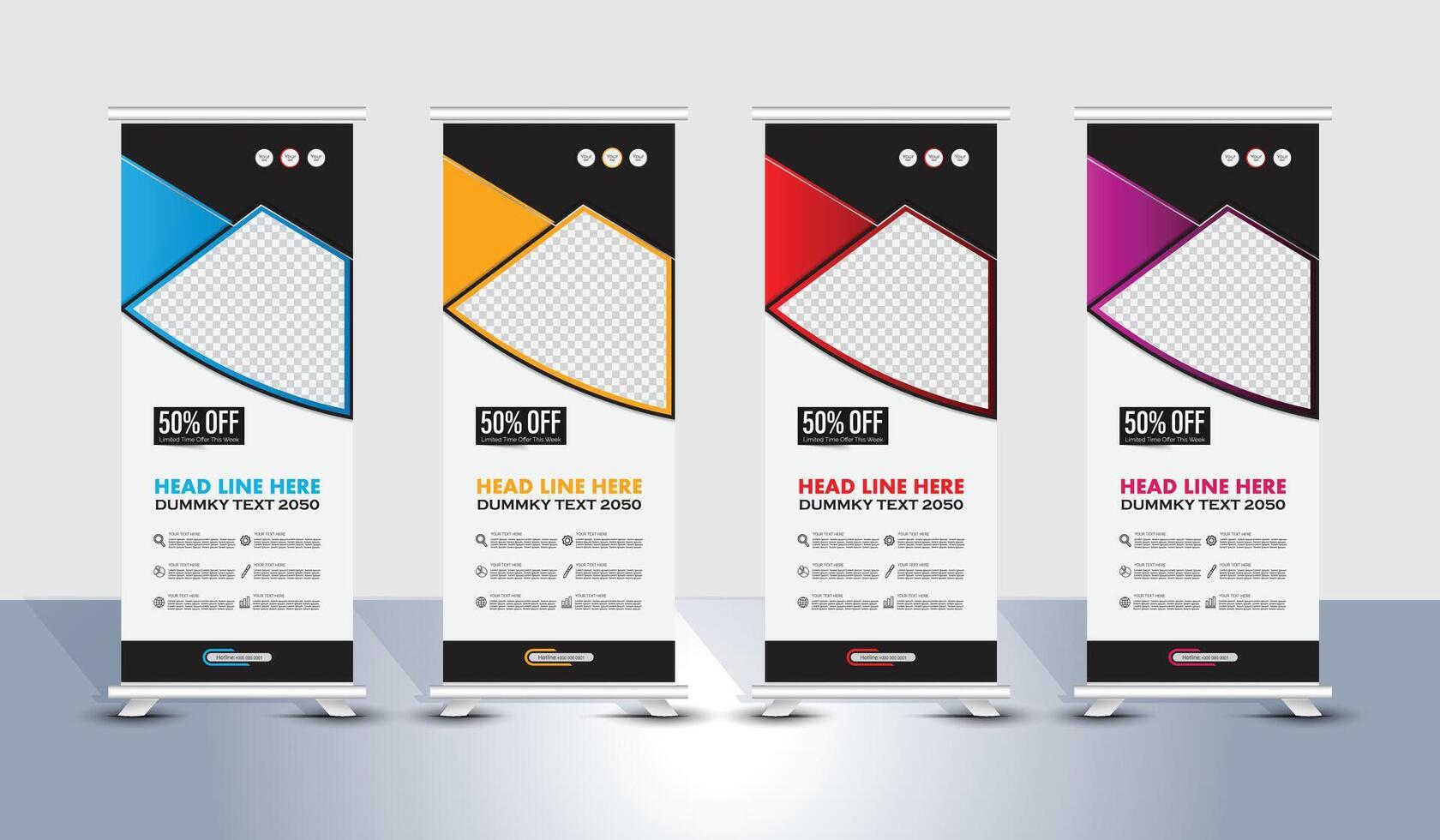 Modern geomertic blue, red, yellow, purple roll up banner template design vector