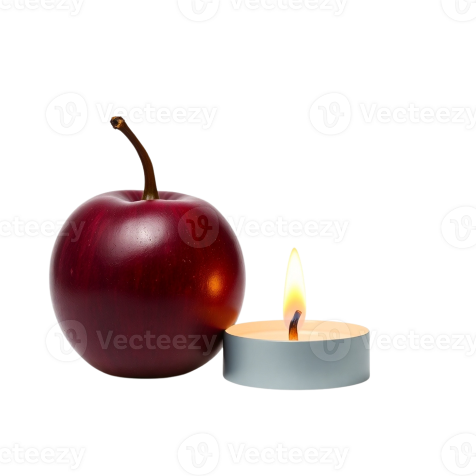 A red apple next to a candle isolated on transparent background png