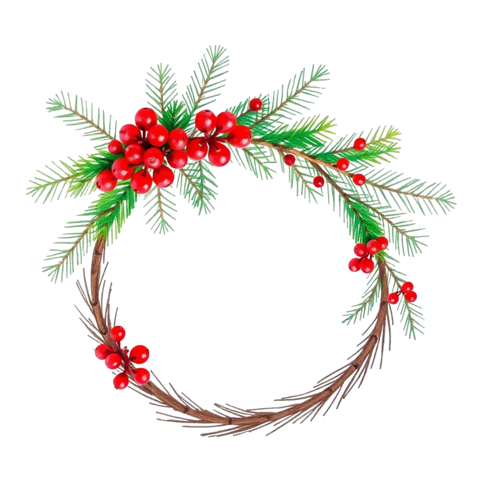 A wreath with red berries and green leaves isolated on transparent background png