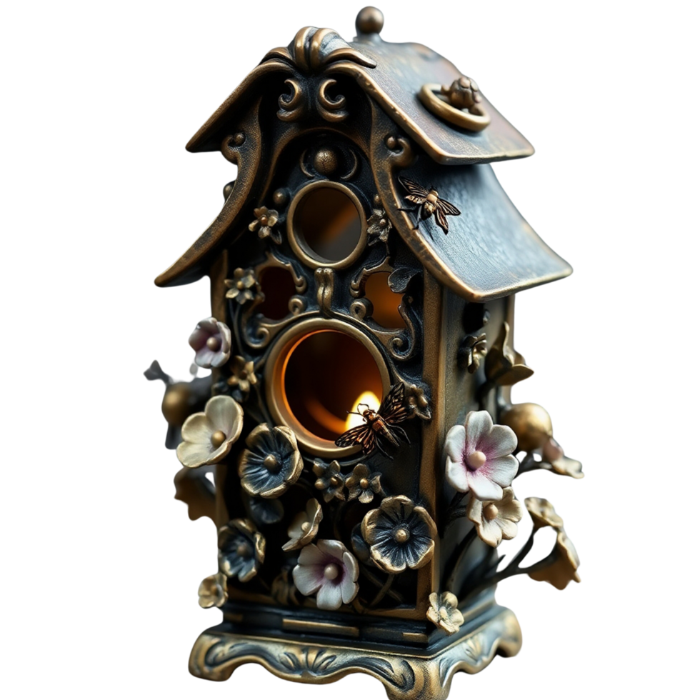 A decorative bird house with flowers and a bug png
