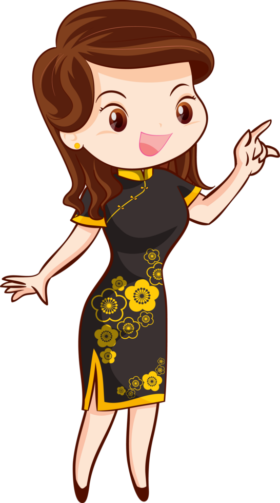 A cartoon woman in a black and gold dress png