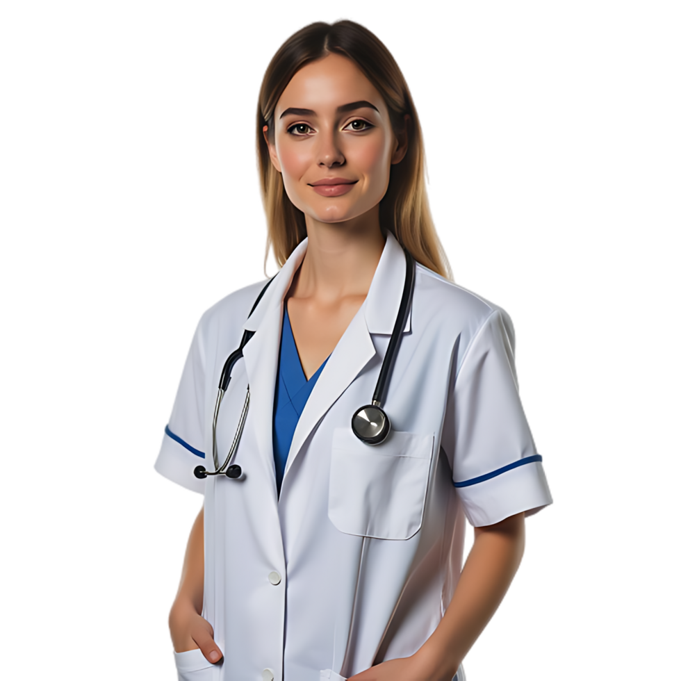 a female doctor in a white coat and blue shirt png